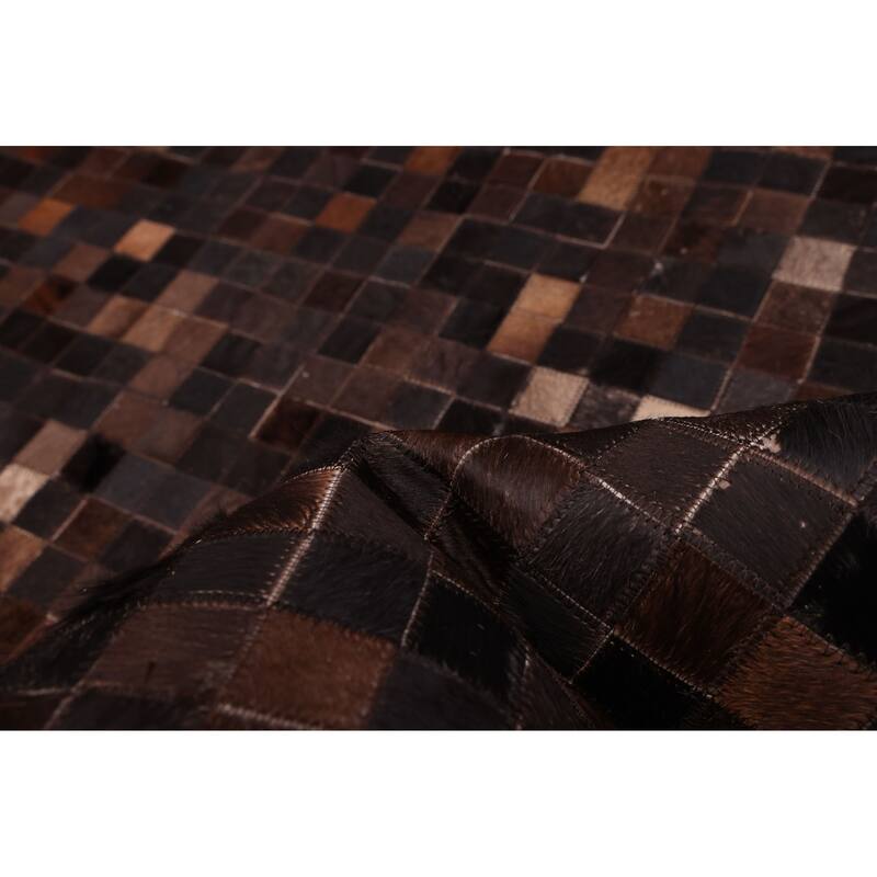 ECARPETGALLERY Handmade Cowhide Patchwork Dark Brown Leather Rug - 8'1 x 10'0