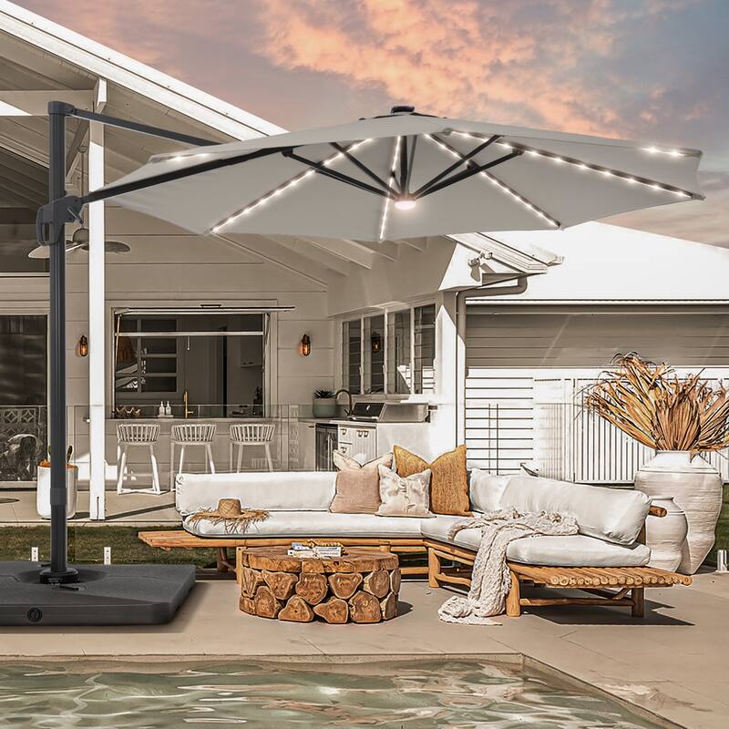 BONOSUKI 11FT LED Cantilever Patio Umbrella Angle Adjustment With Base - Grey