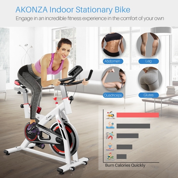 AKONZA Stationary Bike w Water Bottle Holder Cardio Exercise Bike Belt Driven Indoor Cycling Bike White Bed Bath Beyond 24219181