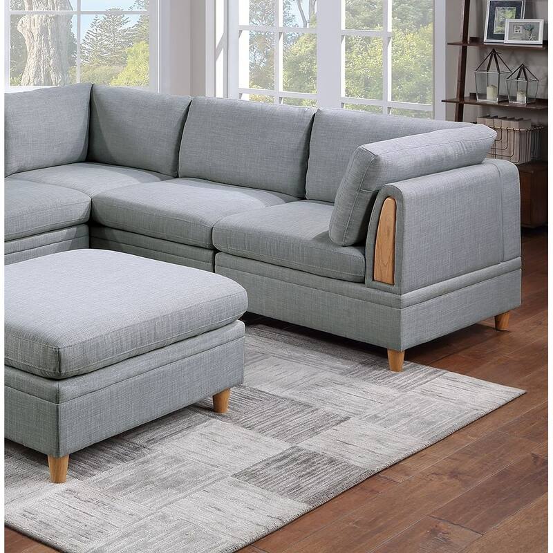 6pc Light Grey Fabric Modular Sofa Set - 3 Wedges, 2 Chairs, 1 Ottoman