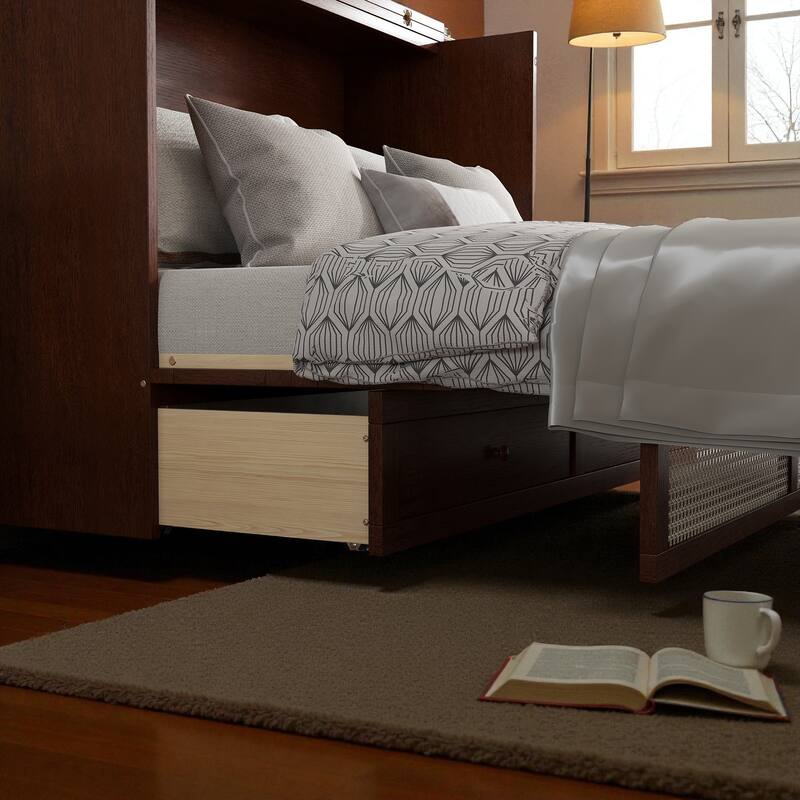 Queen Size Pine Wood Murphy Bed Cabinet with Rattan Front Panel, Foldable Bed with Storage Drawer and Sturdy Platform