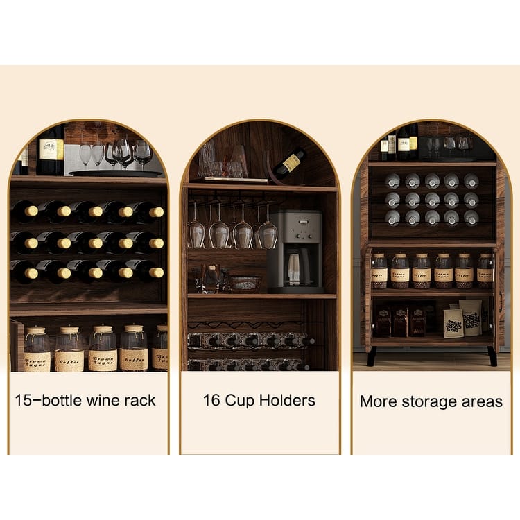 71"Farmhouse Arched Wine Bar Cabinet, Arch Cabinets &Coffee Bar, Whiskey Station With Wine Rack And Wine Glass Holder