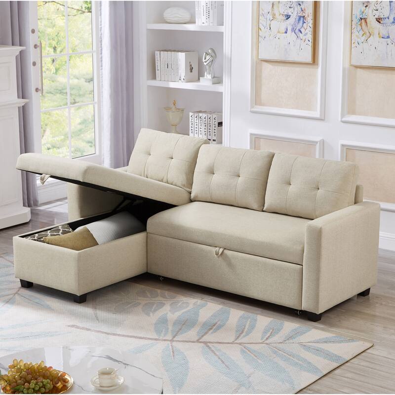 Pull Out Sleeper Sofa Bed L-shaped Sectional Sofa with Storage Chaise, Reversible Linen Upholstered Corner Couch for Living Room