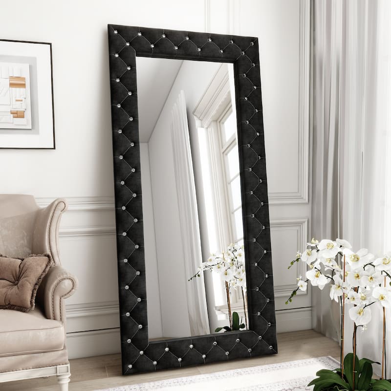 Rectangle Full Length Mirror - Black Crystal Tufted - Silver