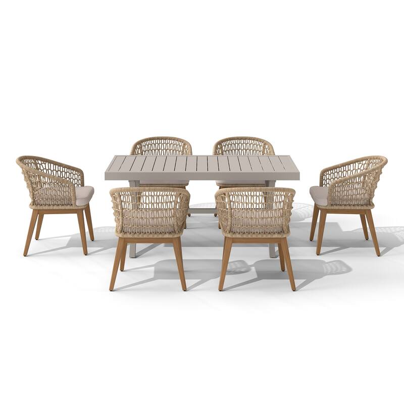 Expandable Aluminum Outdoor Dining Table with 6 Rope Woven Chairs