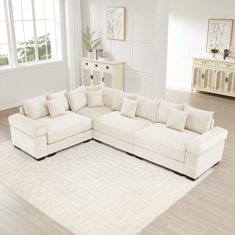 GDFStudio - Corduroy L-Shaped 4-Seater 116.9" Cloud Modular Sectional Couch - Beige
