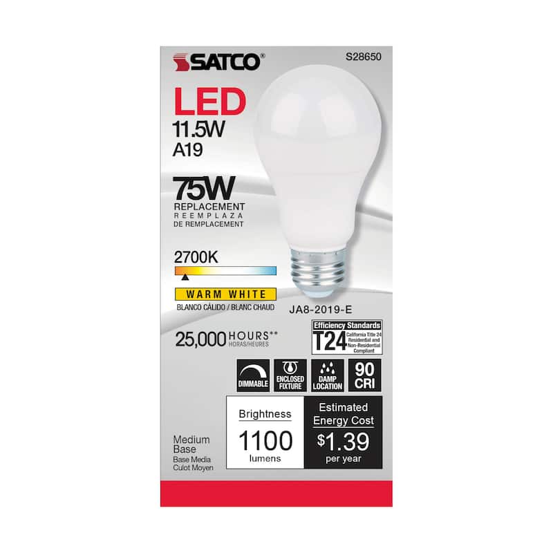 11.5 Watt A19 LED 90CRI 2700K Medium base 220 deg. Beam Angle 120 Volt 1100 Lumens CEC - White