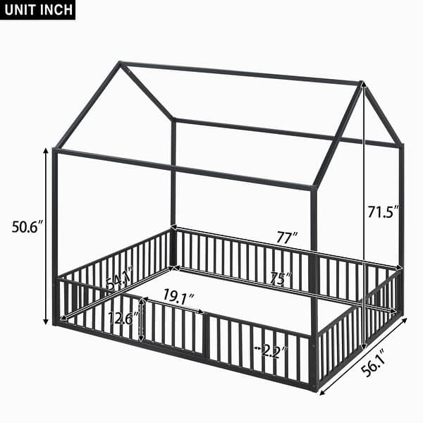 dimension image slide 1 of 2, Cabin Style Full Size House Platform Bed,Sturdy Metal Bed with Roof,Metal Fence Around Bed with Door