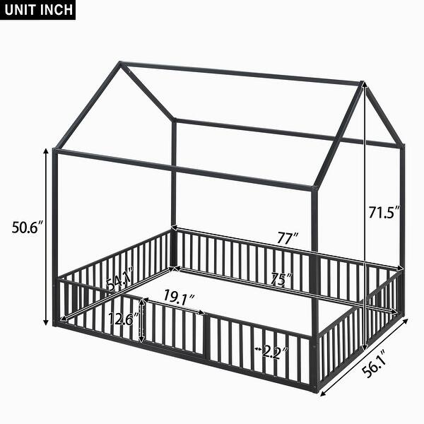 Full Size Metal House Bed with Fence and Door, Black