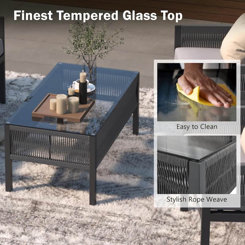 Roomfitters 4-Piece Rope Patio Furniture Set, Outdoor Furniture with Tempered Glass Table, Deep Seating with Thick Cushion