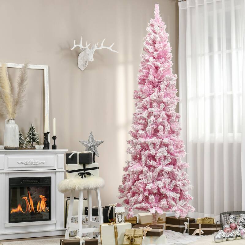 7.5ft Unlit Snow Flocked Pencil Tree with Pine Shape and Realistic Branches, for Xmas Indoor and Outdoor Decoration