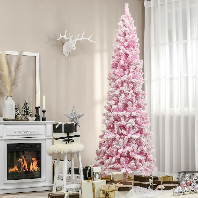 HOMCOM Unlit Snow Flocked Slim Pencil Tree - Pine Shape, Realistic Branches, Pink