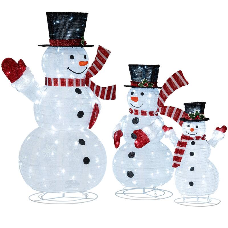 Gymax Set of 3 Pre-Lit 3D Snowman Set w/270 LED Lights for Home Lawn - Multicolor