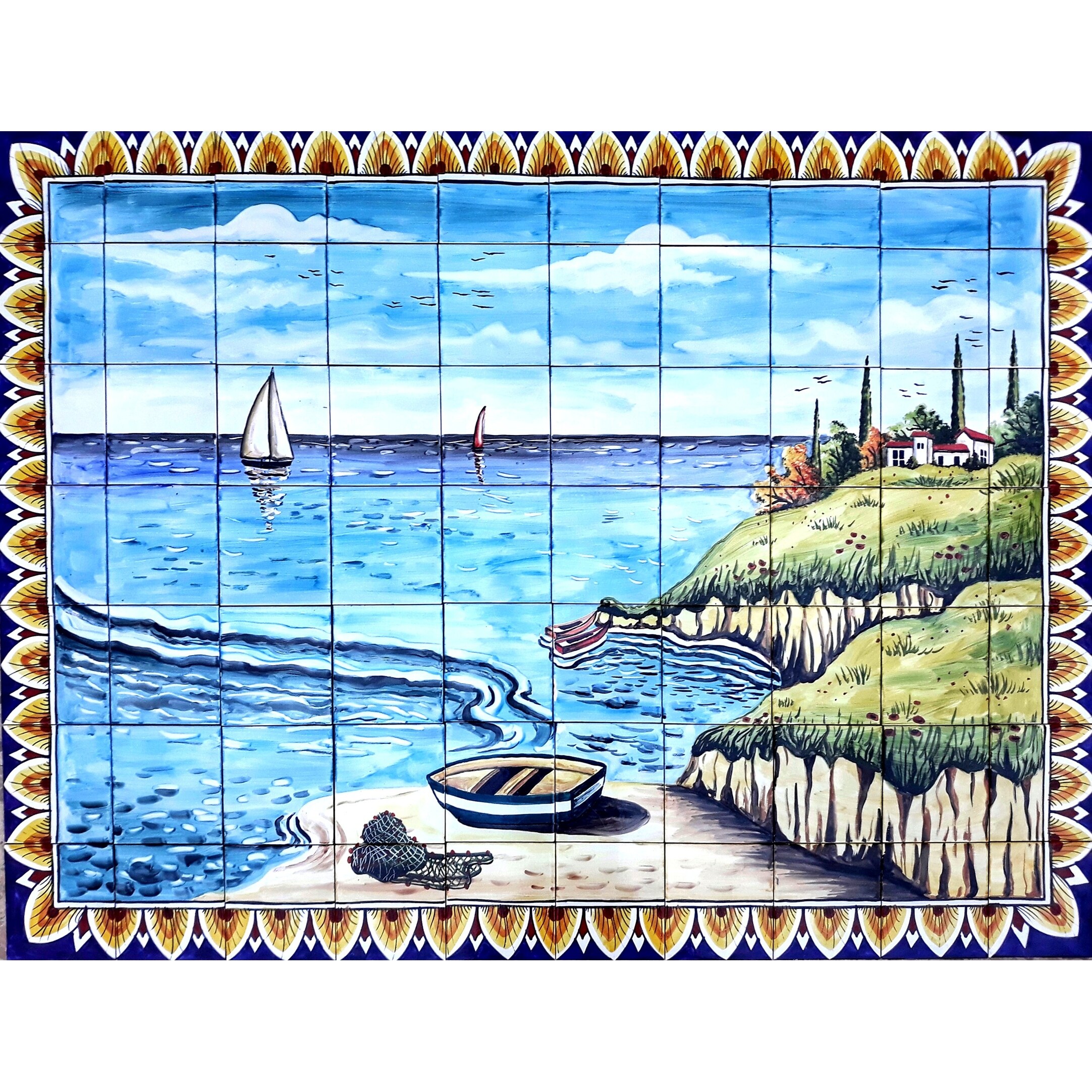 Ceramic Picture Tile Wall Photo Tile Art Tile watercolour Fishing Boat Sea  Decor