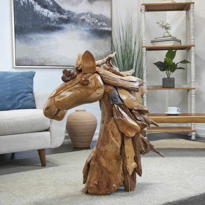 Brown Teak Wood Handmade Horse Decorative Sculpture