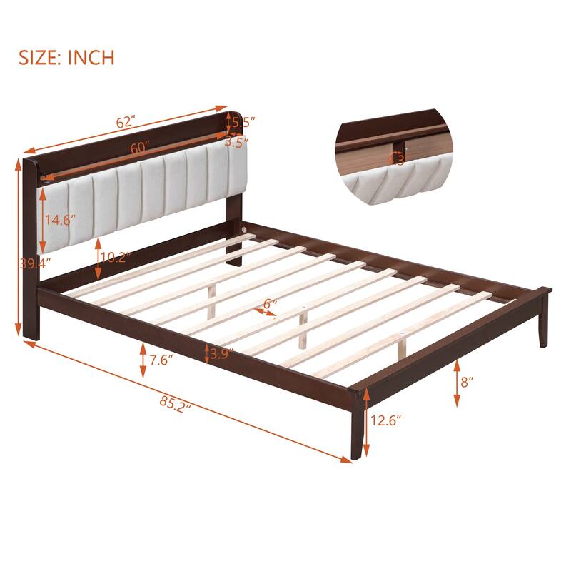 Queen size Platform Bed with USB Charging Station and Storage