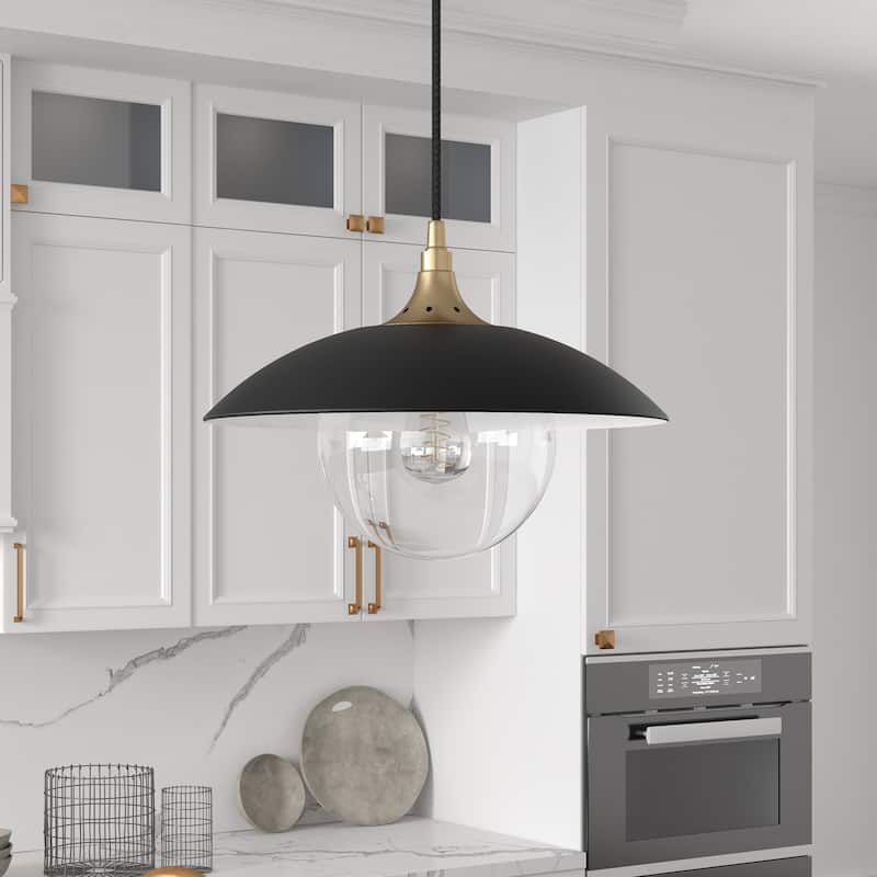 Alvia 14.5" Wide Pendant with Metal/Glass Shade - 14.5" Wide - Matte Black and Brass with Clear Glass