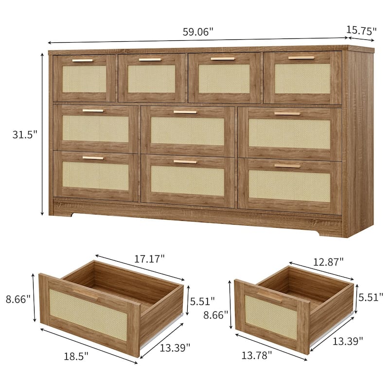 10-Drawer Dresser for Bedroom, Rattan Farmhouse Chest with Handles, Freestanding Wooden Storage Cabinet