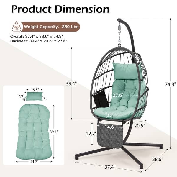 dimension image slide 1 of 6, EROMMY Hanging Egg Chair with Stand, Foldable Indoor/Outdoor Swing Chair includes Cushion and Pillow, Patio Wicker Swing