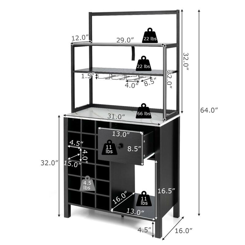 Gymax Kitchen Bakers Rack Freestanding Wine Rack Table w/ Glass Holder