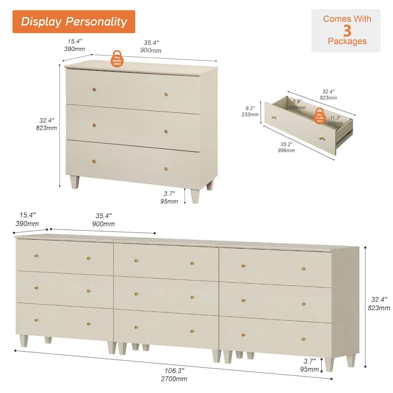 WAMPAT Dresser with 3 Drawers, 35.4" Wide Chest of Drawer for Bedroom
