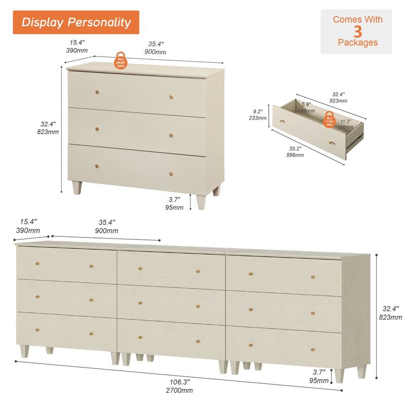 Wood Dresser with 3 Wide Drawers for Bedroom, Kids Room