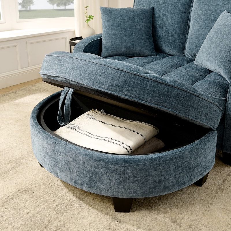 Two-Seater Chaise Longue Sofa with Storage Footrest, Irregular Armrests & Throw Pillows for Living Room & Bedroom