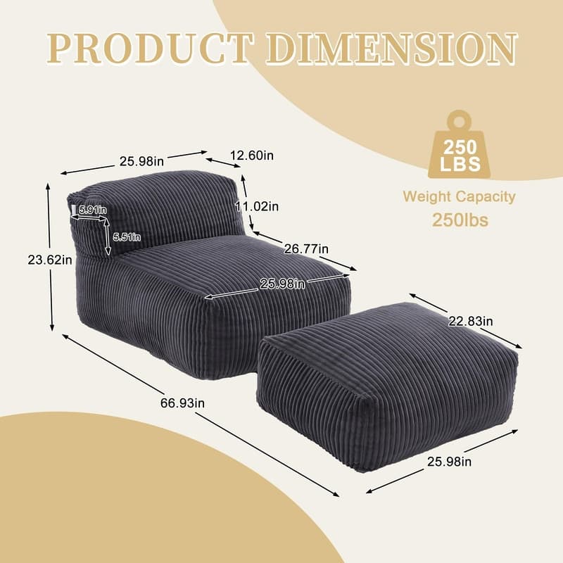 Large Memory Foam Bean Bag Chair for Adults, Corduroy Lounger Sofa with Ottoman