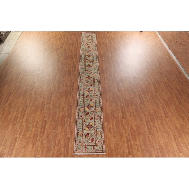 Hand Knotted Oriental 100% Wool Carpet Traditional Geometric Multi-Colored Kazak Runner Rug - 19' 10'' X 2' 6''