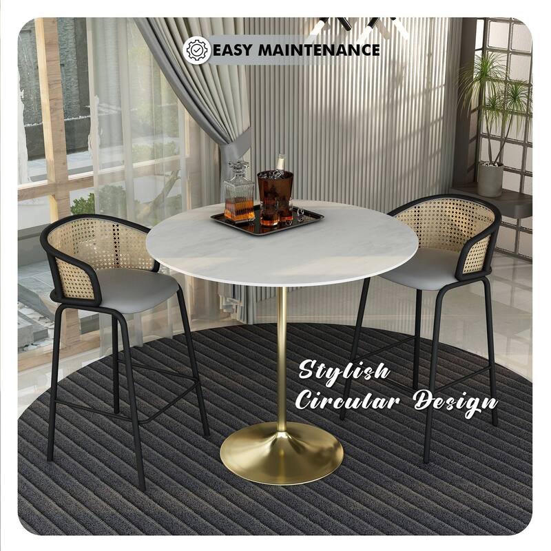 LeisureMod Verve 48" Round Bar Dining Table with Sintered Stone TableTop and Brushed Gold Base for Kitchen & Dining Room