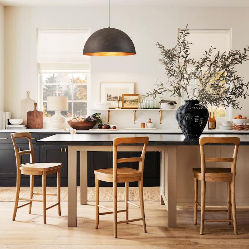 1-Light Industrial Vintage Antique Black/Brown Gold Leaf Dome Kitchen Island Pendant Lights - 19.6 in. W x 11.8 in. H