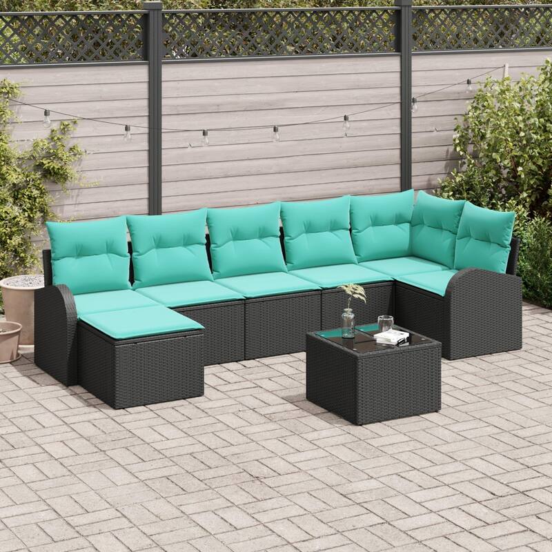 vidaXL 7/8 Garden Sofa Set with Cushions Black/Brown/Grey Poly Rattan - 113.8 x 48.8 x 27.2 - Black with table