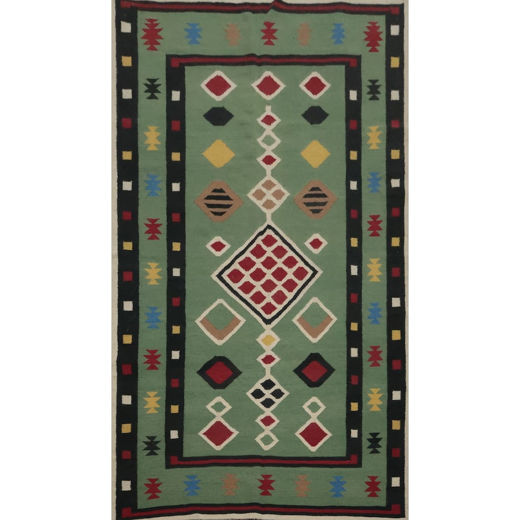 Hand Woven Oriental 100% Wool Carpet Southwestern Tribal Green Kilim Area Rug - 9' 8'' X 5' 1''