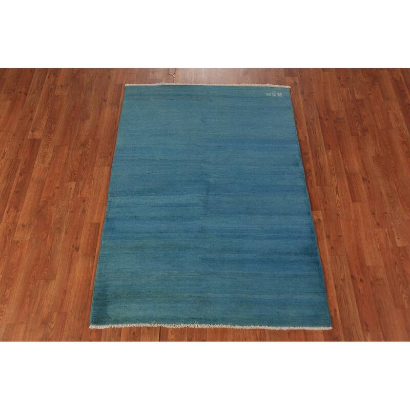 Blue Striped Modern Gabbeh Oriental Rug Hand-Knotted Wool Carpet - 3'6" x 4'10"
