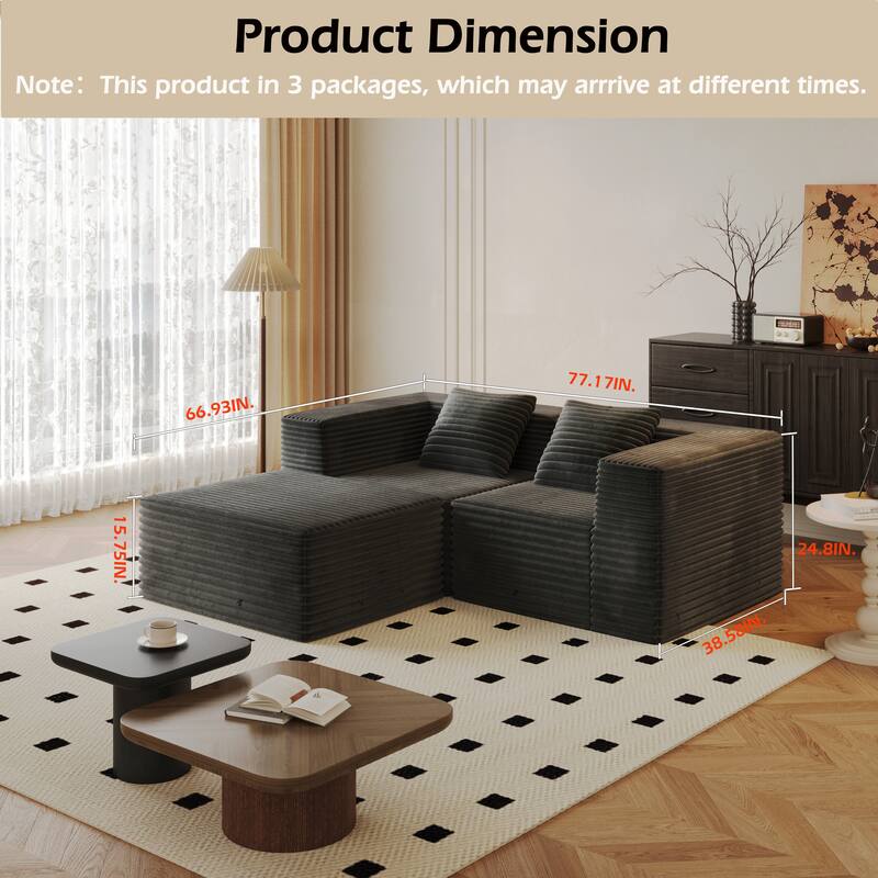 77.17" Sectional Couches for Living Room, Boneless L Shaped Cloud Couch with Ottoman, Modern Corduroy Deep Seat Floor Sofa