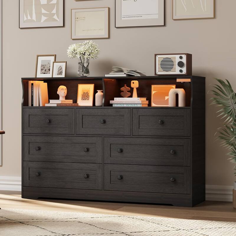 7 Drawer Dresser TV Stand for Bedroom with Charging Station & LED Lights