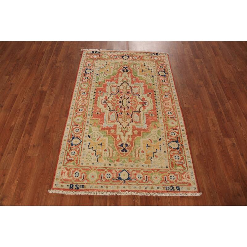 Orange & Green Heriz Serapi Vegetable Dye Rug Handmade Wool Carpet - 3'1"x 5'0"
