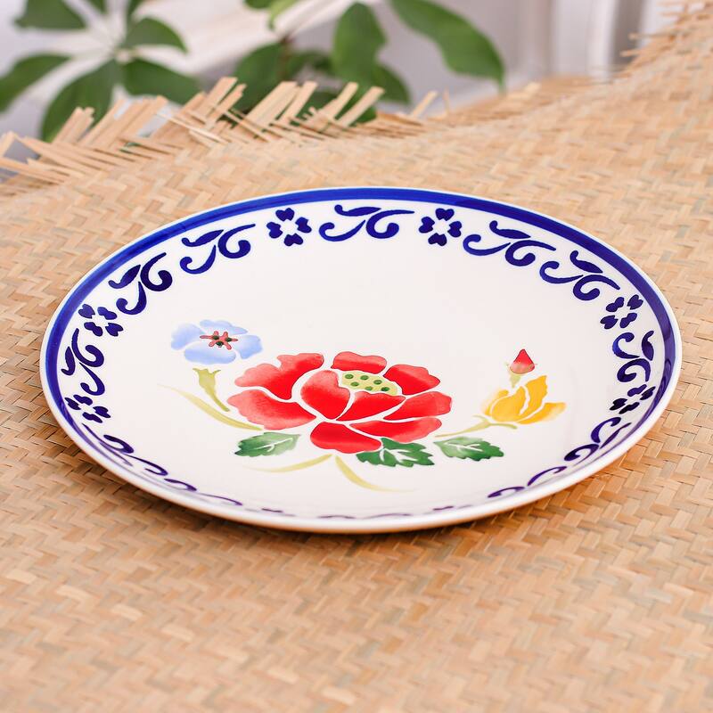 Novica Handmade Poppy Garden In Blue Ceramic Dinner Plate