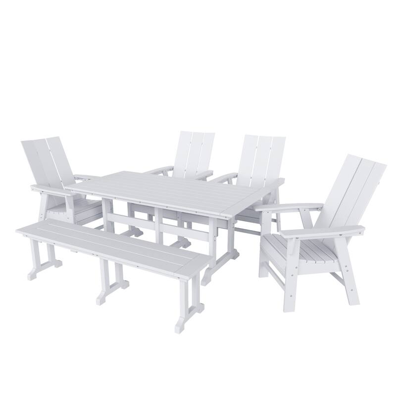 Shoreside 6-Piece Rectangular Poly Eco-Friendly All Weather Outdoor Dining Set with Bench - White