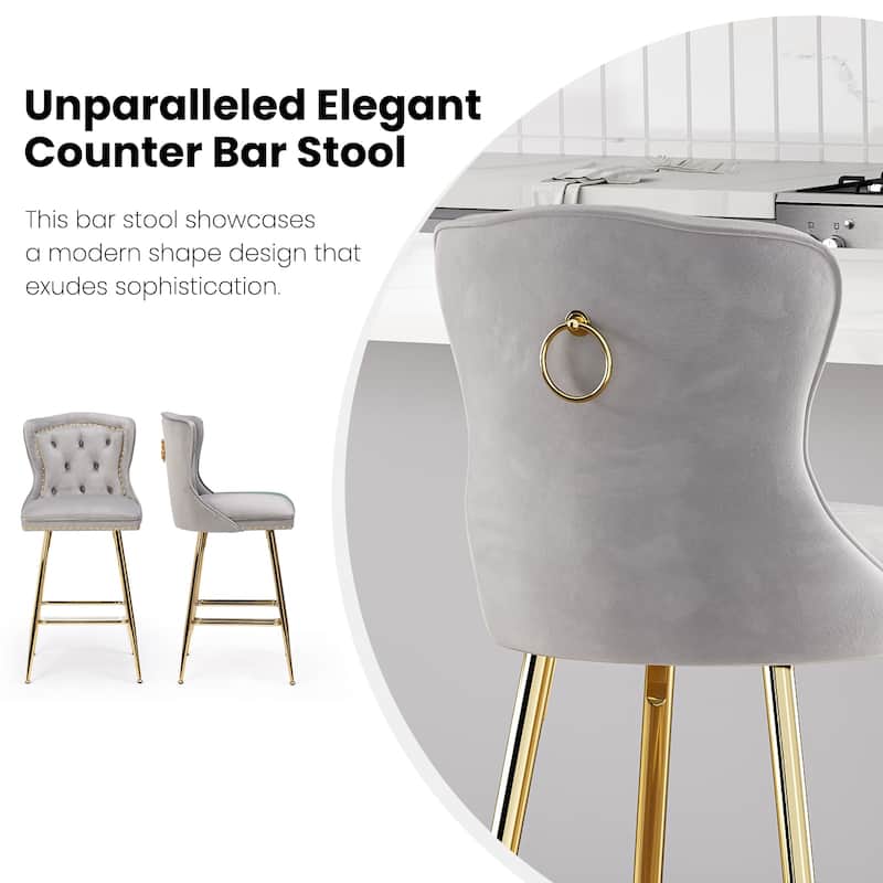 Bar Stools Set Of 2, Velvet Counter Height Bar Stools With Metal Legs, Button Tufted And Nailheads Trim