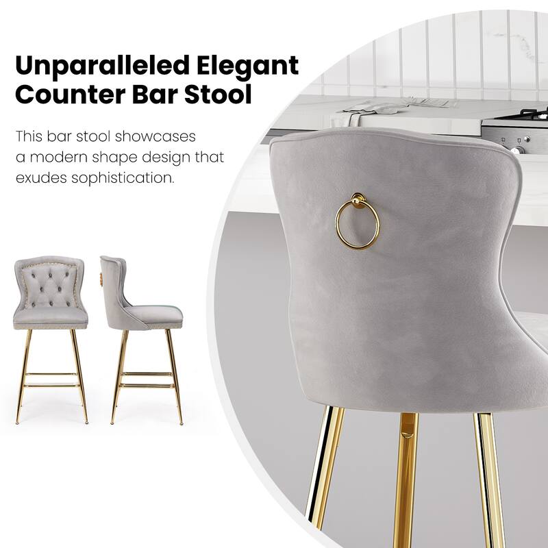 Set of 2 Gray Velvet Wingback Bar Stools, Button Tufted with Nailhead Trim & Metal Legs - Counter Height