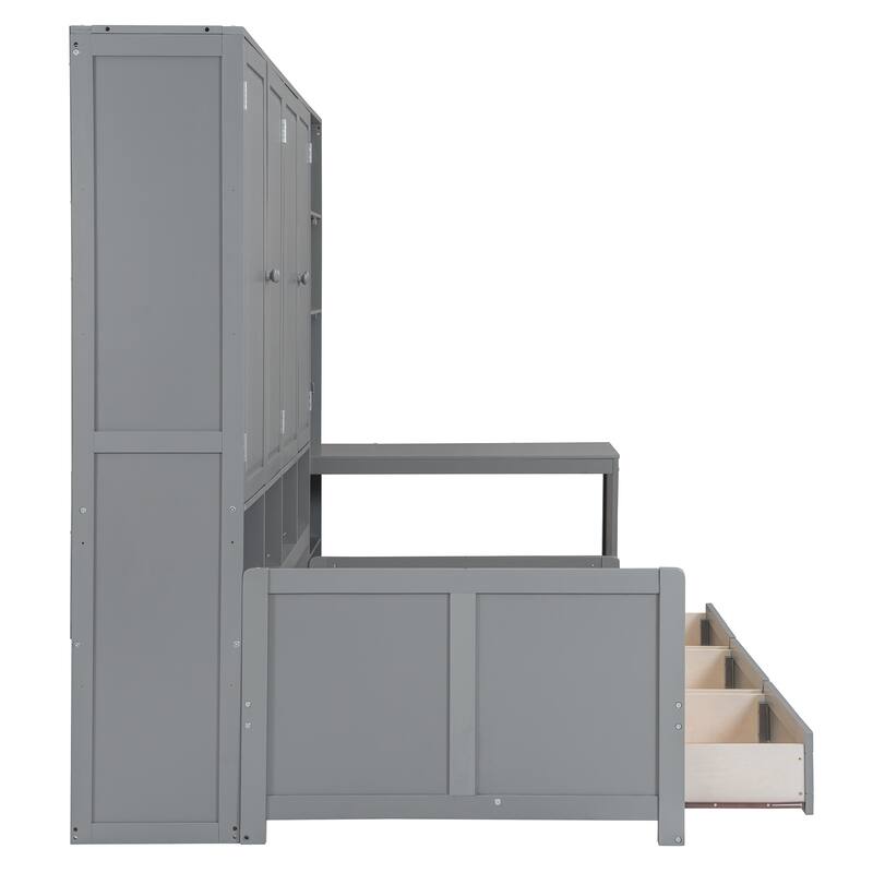 Modern Twin Daybed with All-in-One Cabinet, Desk Wooden Daybed Sofa Bed Frame with 3 Drawers, Multi-Functional Headboard