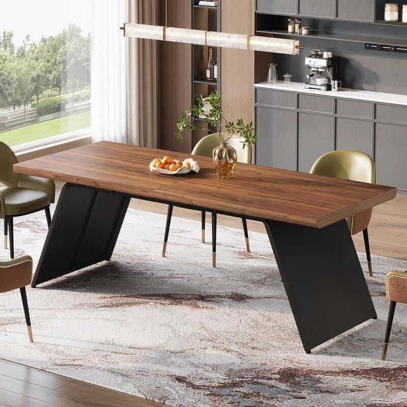 79" Long Dining Table for 6, Modern Narrow Rectangular Kitchen Table with Walnut Wooden Top & Black Metal Base - Walnut Brown & Black