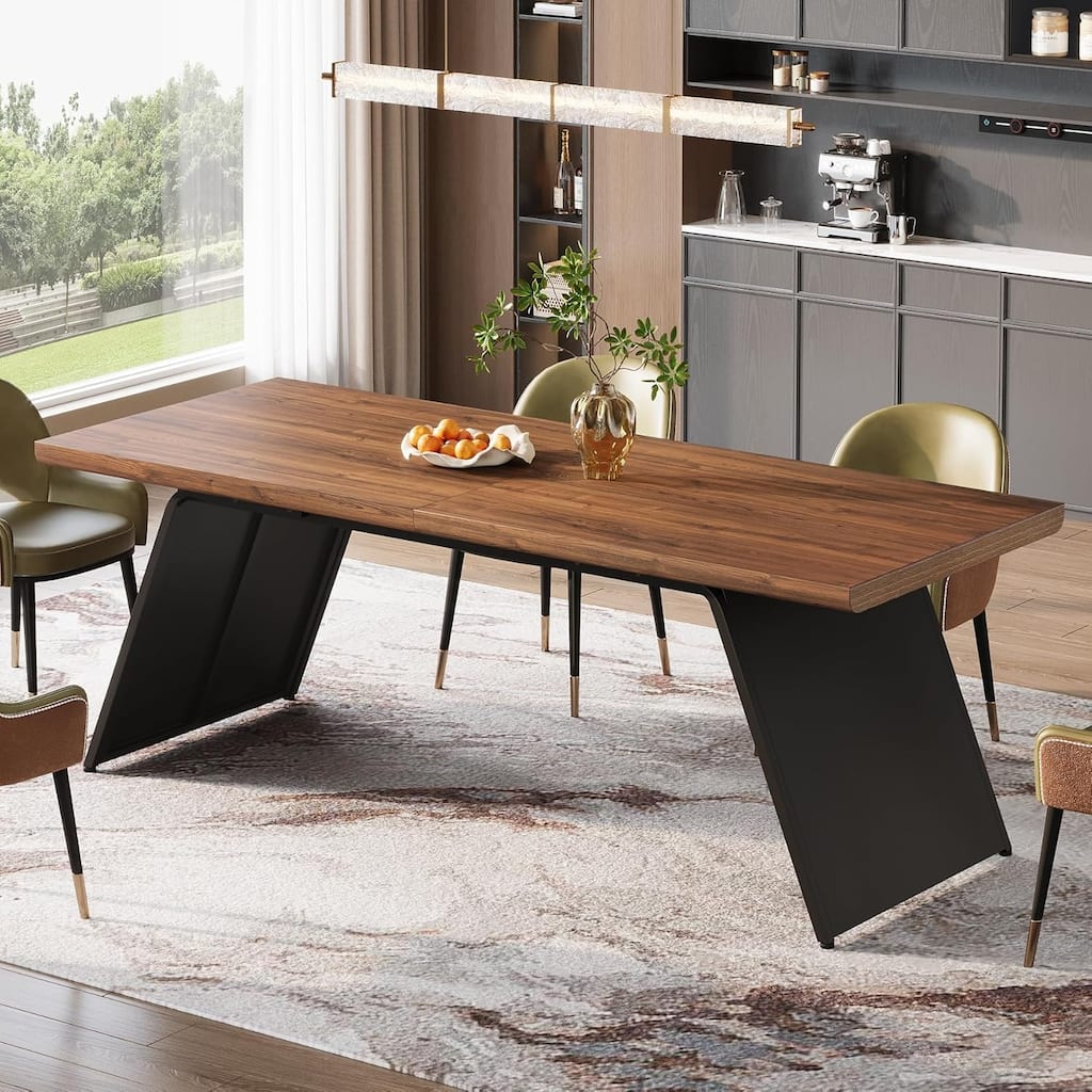 79" Long Dining Table for 6, Modern Narrow Rectangular Kitchen Table with Walnut Wooden Top & Black Metal Base