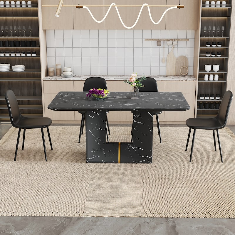 Roomfitters 5pcs Black Marble MDF Dining Table Set with Spoon Shaped PU Side Chairs, Mid-Century Style - Black