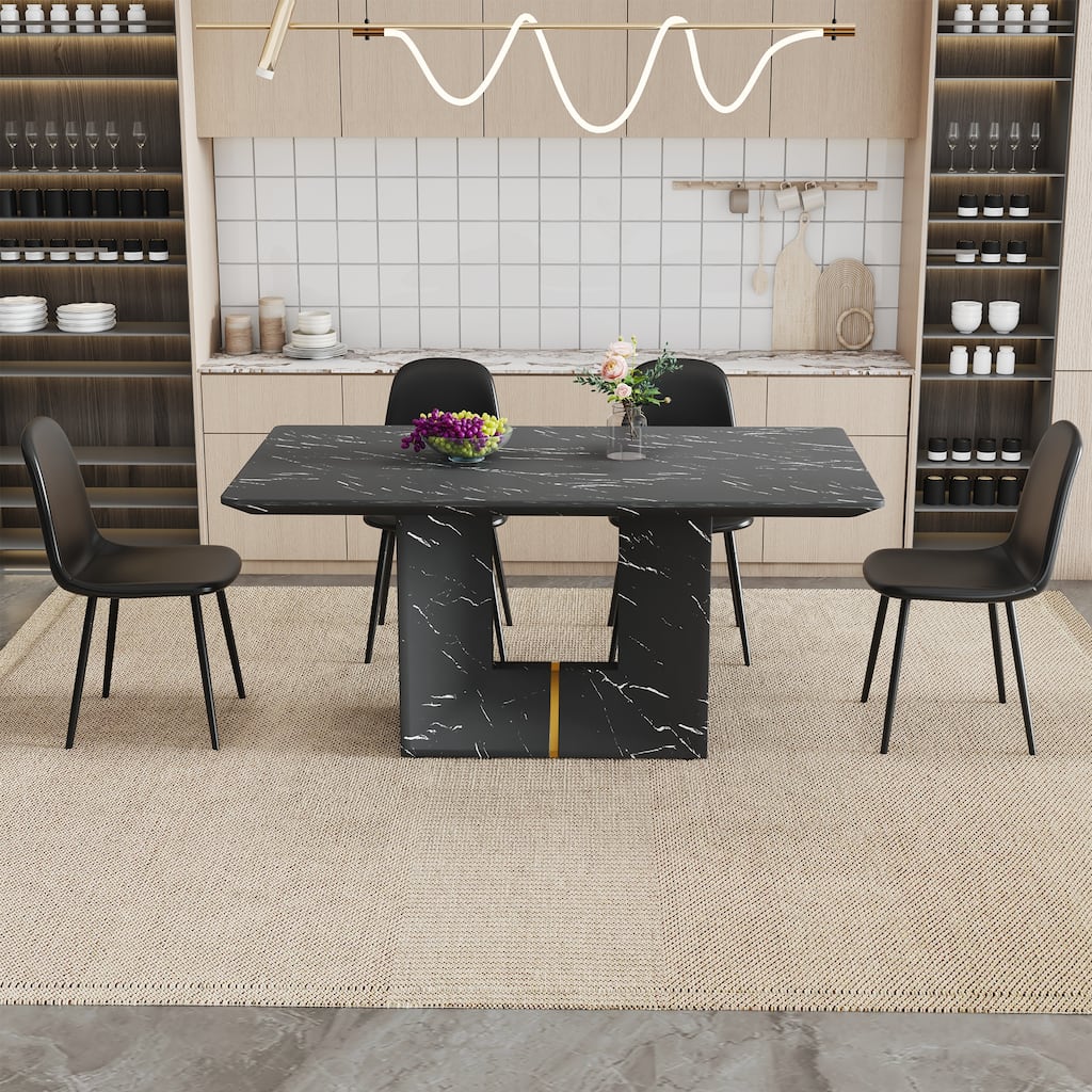 Roomfitters 5pcs Black Marble MDF Dining Table Set with Spoon Shaped PU Side Chairs, Mid-Century Style