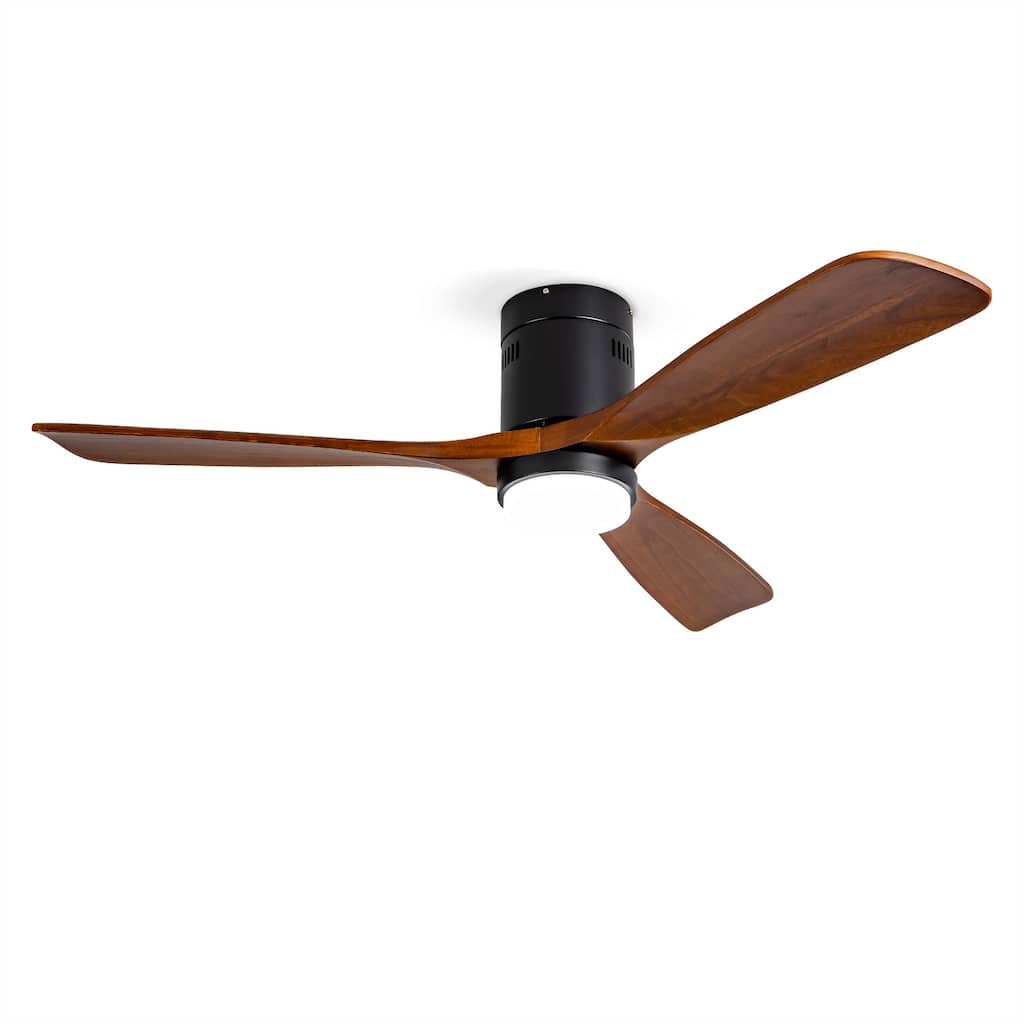 52 Inch Flush Mount Ceiling Fan with Lights and Remote Control, Wood Blades, Quiet DC Motor - Indoor/Outdoor - Black