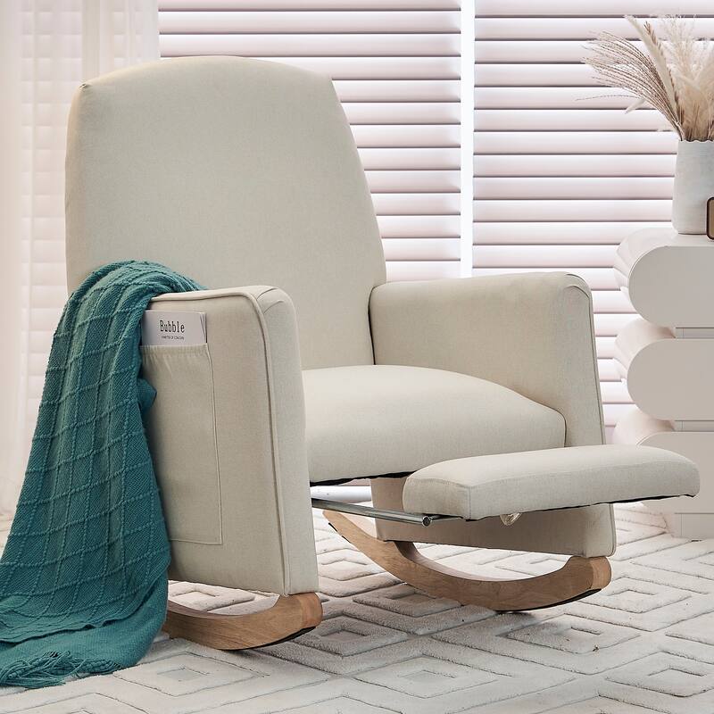 Upholstered Fabric Nursery Rocking Chair with Adjustable Footrest - Beige