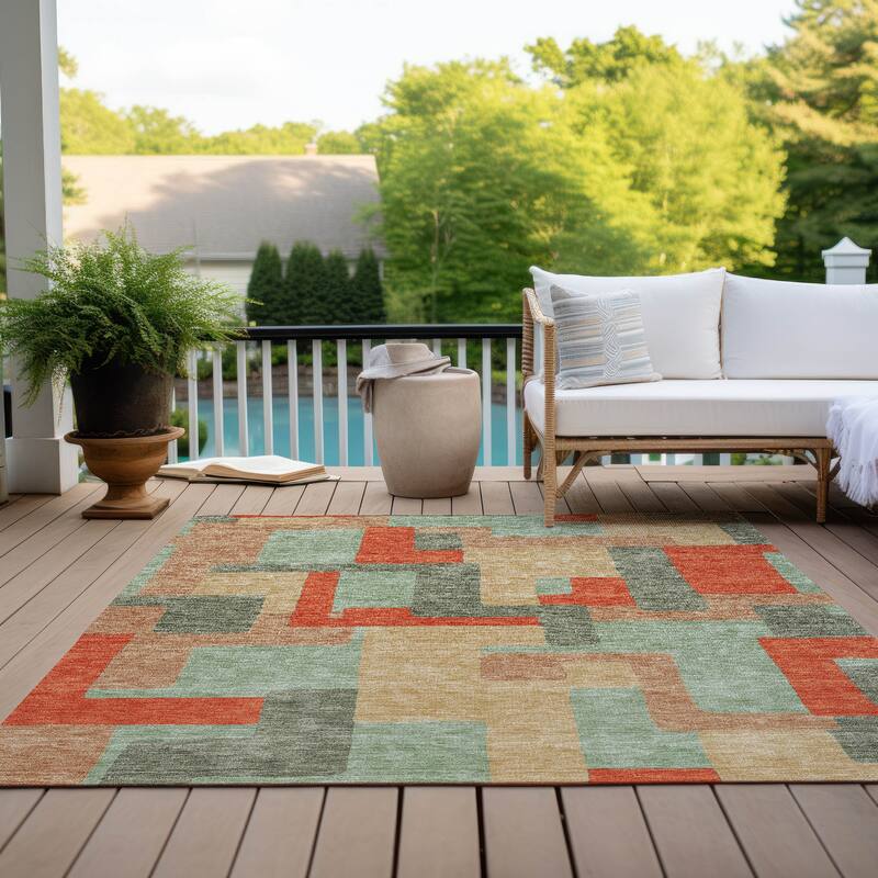 Machine Washable Indoor/ Outdoor Contempoary Blocks Chantille Rug