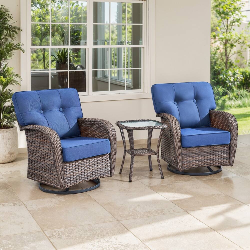 TWrap Brown Wicker Patio 3-Piece Swivel Gliders Conversation Set with 5-Inch Thick Cushions